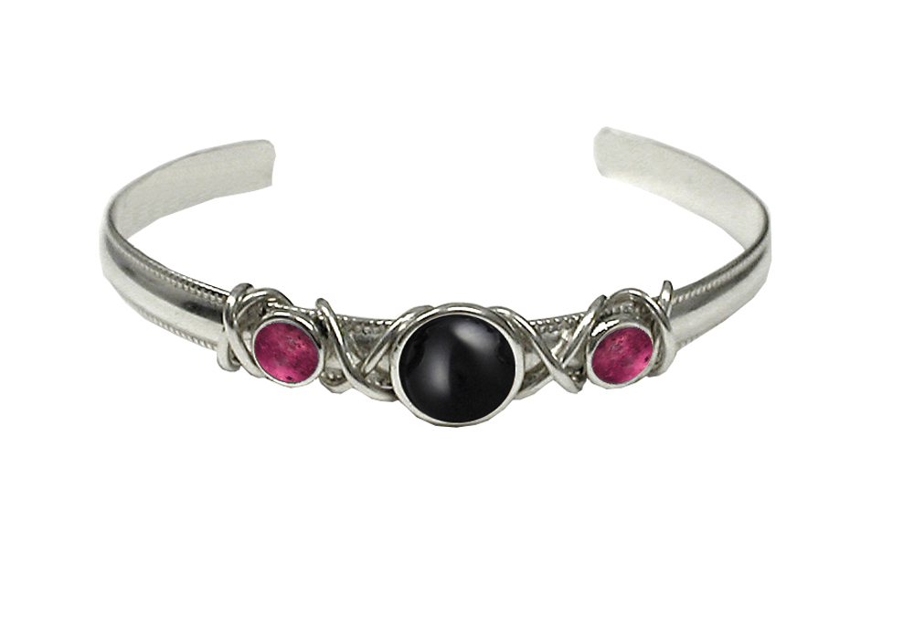 Sterling Silver Hand Made Cuff Bracelet With Black Onyx And Pink Tourmaline